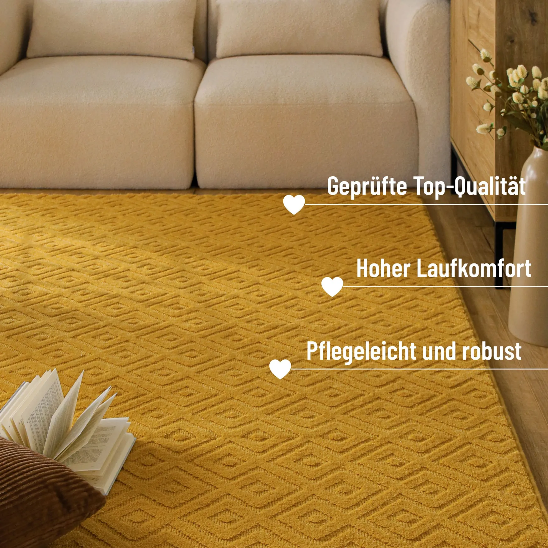 Kurzflor Teppich aus Schurwolle Gelb "Castello TWO" WECONhome