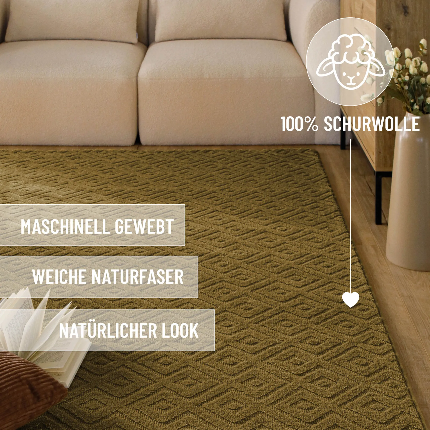 Kurzflor Teppich aus Schurwolle Blass Grün "Castello TWO" WECONhome
