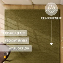 Kurzflor Teppich aus Schurwolle Oliv Grün