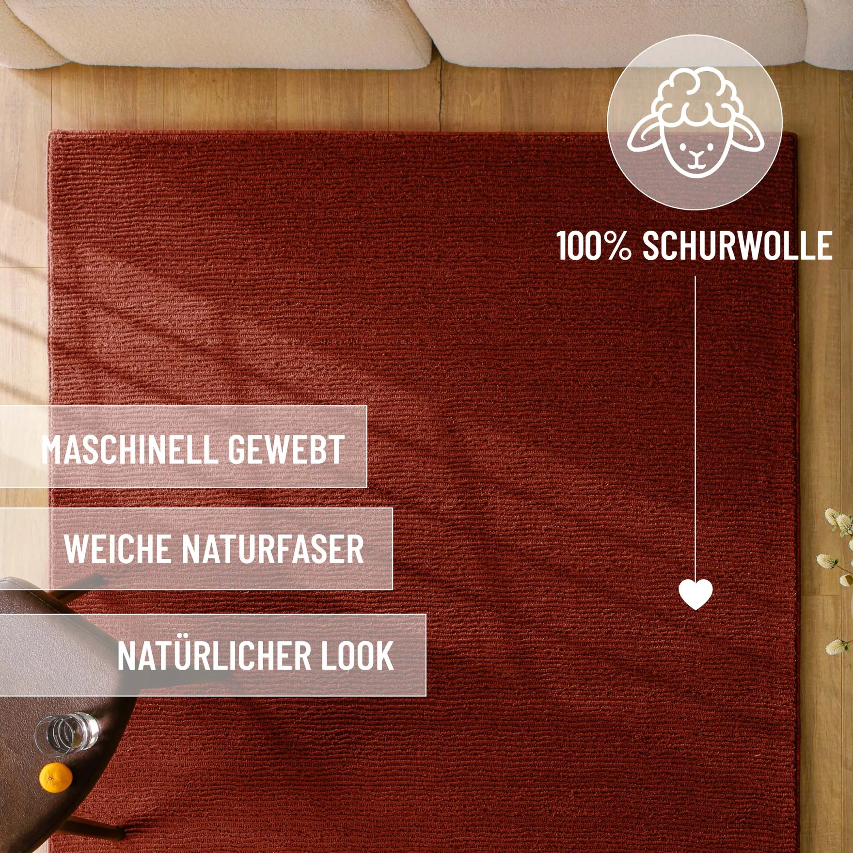 Kurzflor Teppich aus Schurwolle Purpur Rot "Castello ONE" WECONhome