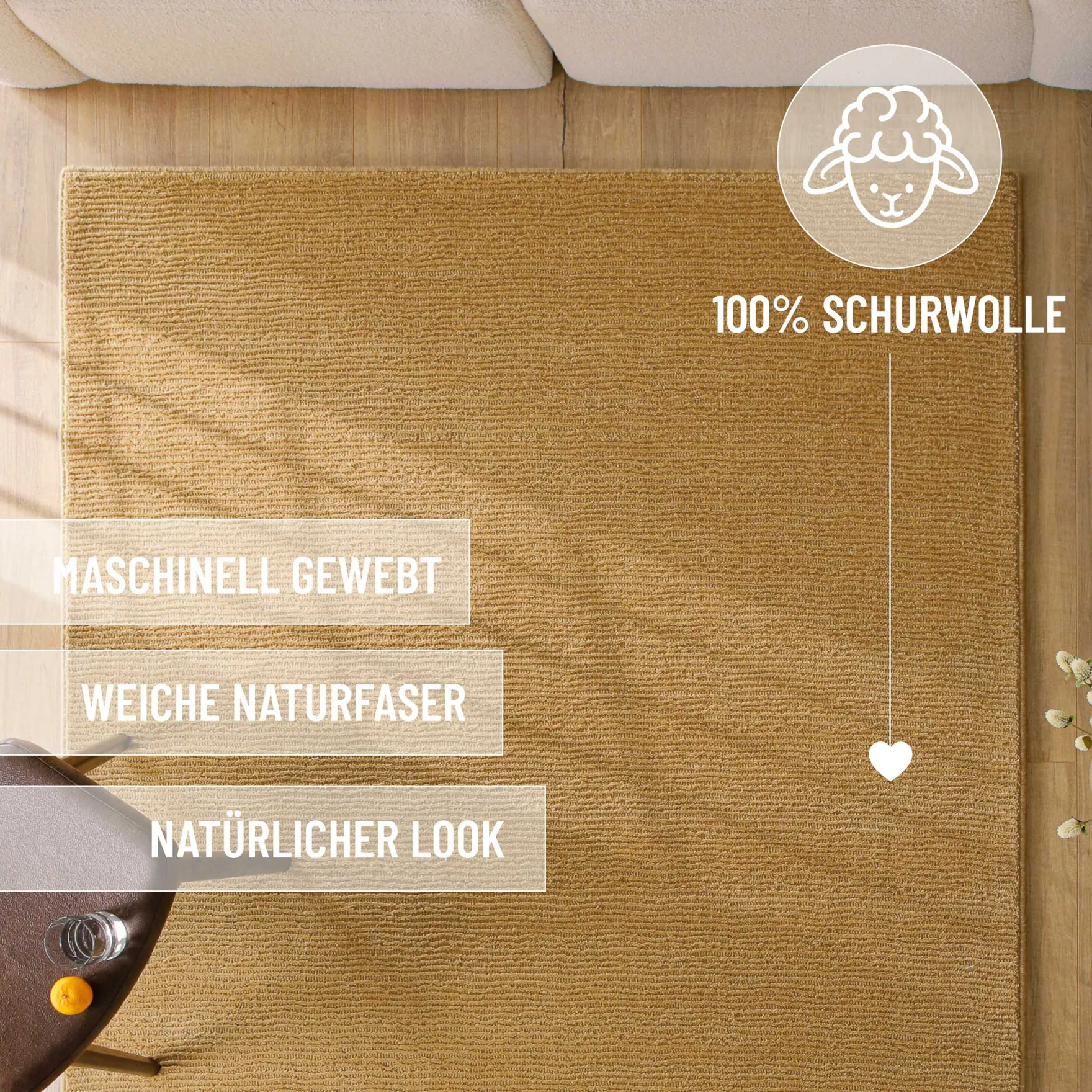Kurzflor Teppich aus Schurwolle Karamell "Castello ONE" WECONhome