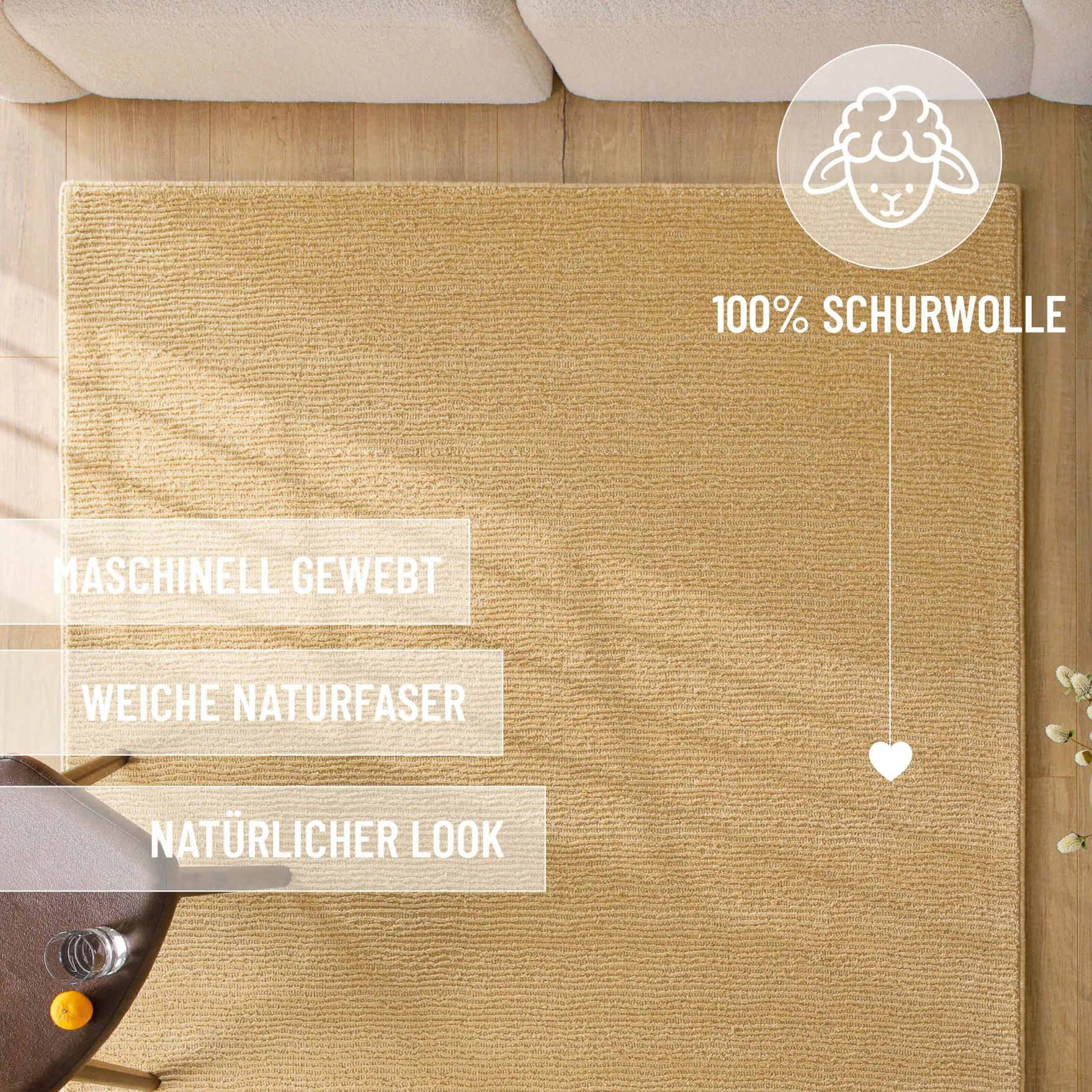 Kurzflor Teppich aus Schurwolle Sand Beige "Castello ONE" WECONhome