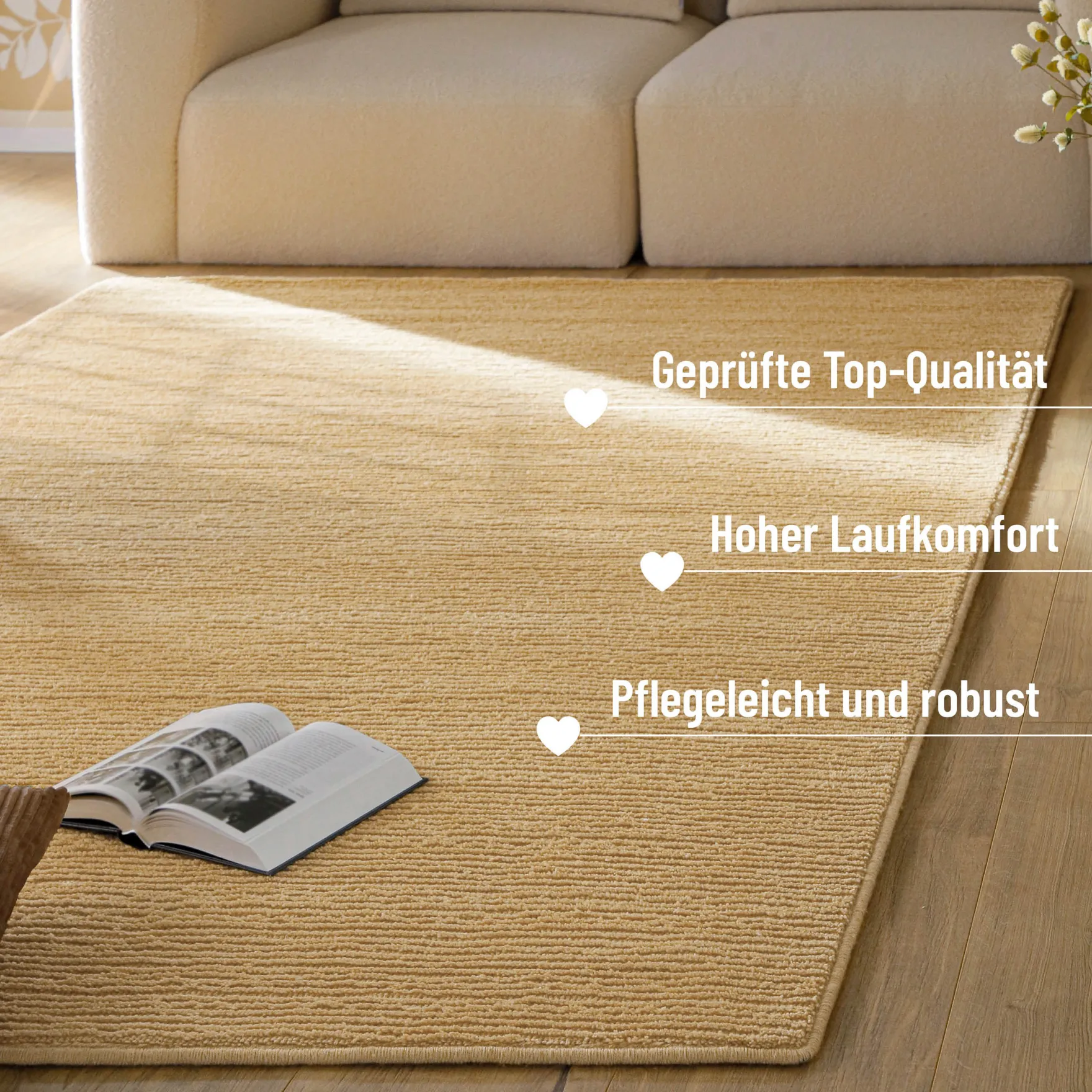 Kurzflor Teppich aus Schurwolle Sand Beige "Castello ONE" WECONhome