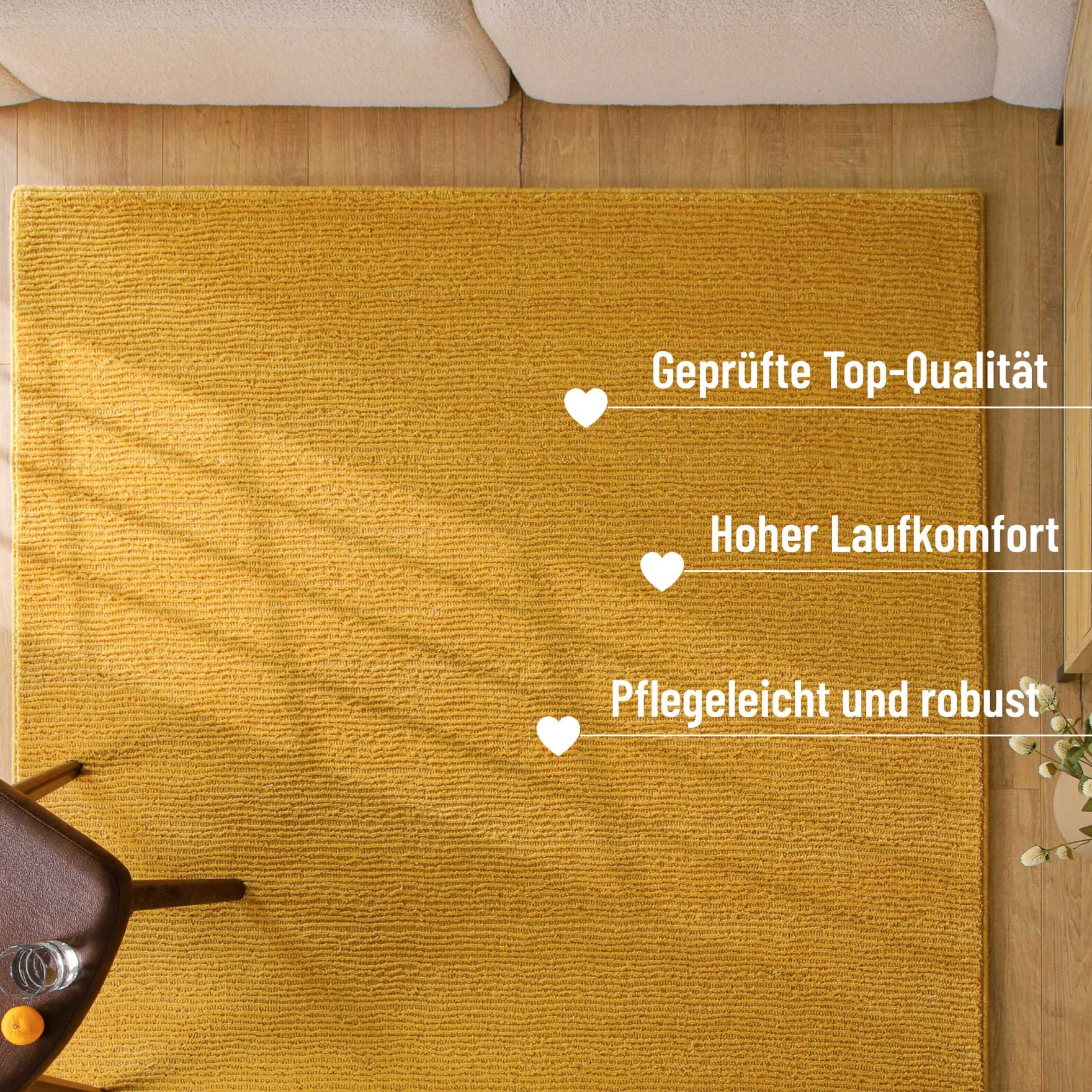 Kurzflor Teppich aus Schurwolle Gelb "Castello ONE" WECONhome
