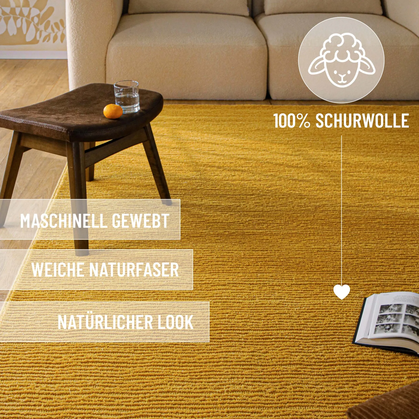Kurzflor Teppich aus Schurwolle Gelb "Castello ONE" WECONhome