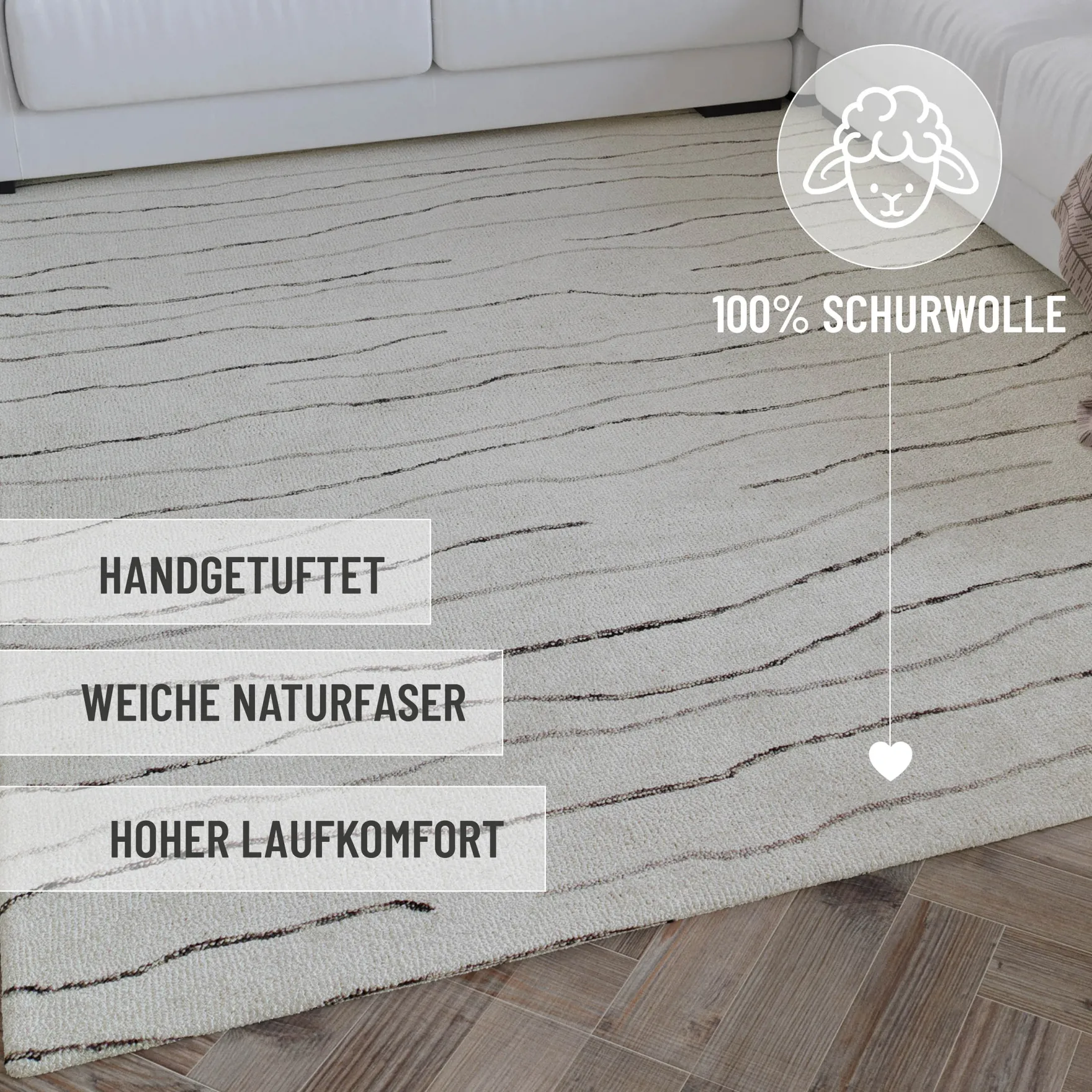 Kurzflor Teppich Creme Weiß aus Schurwolle "Hamptons ELEVEN" WECONhome