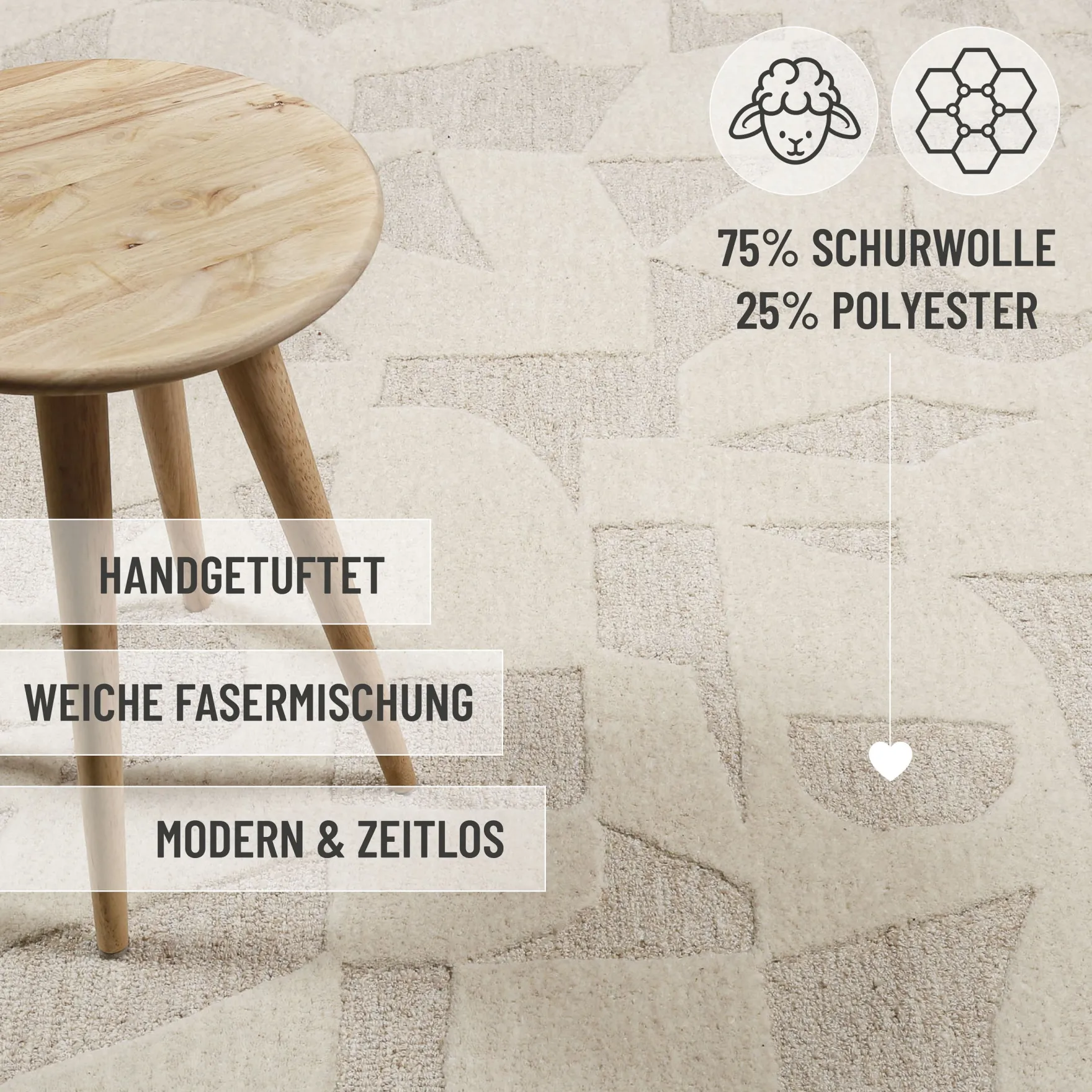 Kurzflorteppich Creme Weiß aus Schurwolle "Ocean State" WECONhome