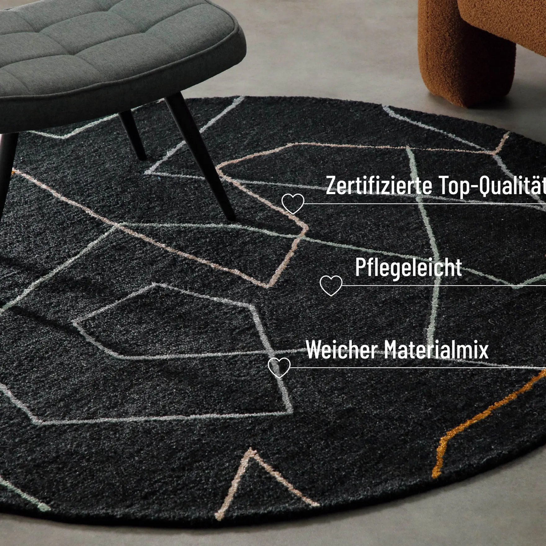 Kurzflorteppich Rund Anthrazit aus Schurwolle "Nox" WECONhome