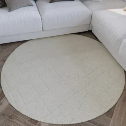 Kurzflor Teppich Rund Creme Weiß