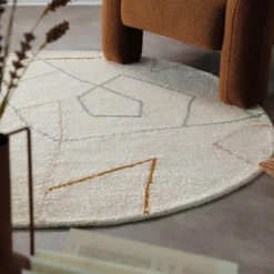 Kurzflorteppich Rund Creme Weiß aus Schurwolle 