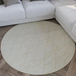 Kurzflor Teppich Rund Creme Weiß aus Schurwolle