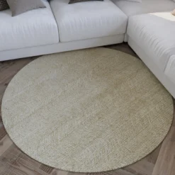 Kurzflor Teppich Rund Sand Beige aus Schurwolle 