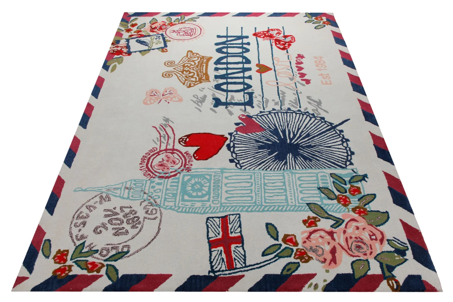 London-Postkarte in Navy - Handtuft Wolle 160 x 230 cm