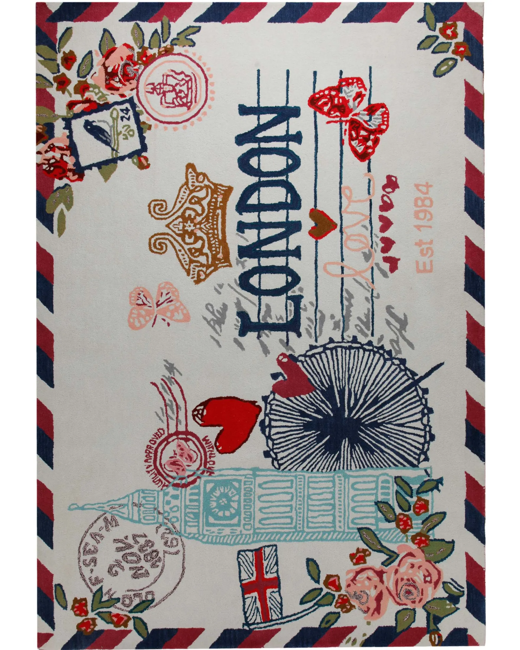 London-Postkarte in Navy - Handtuft Wolle 160 x 230 cm