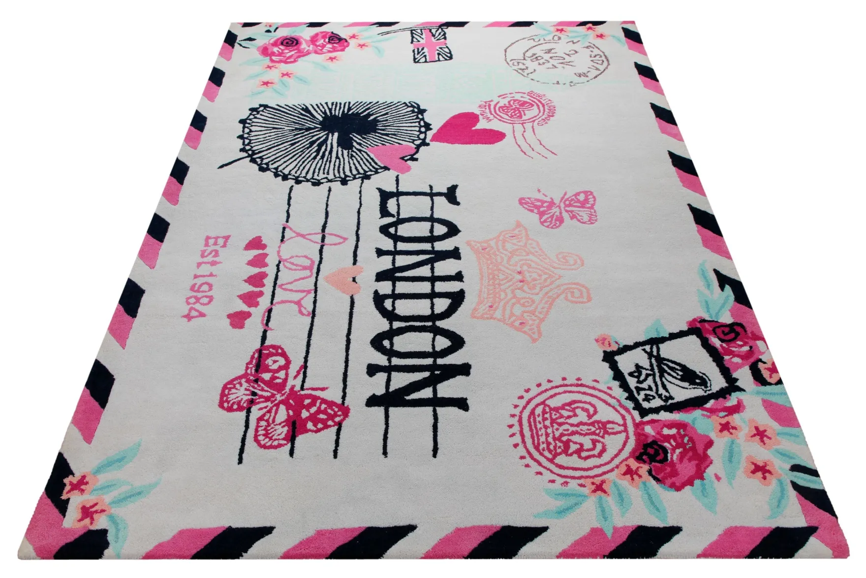 London-Postkarte in Pink - Handtuft Wolle 160 x 230 cm