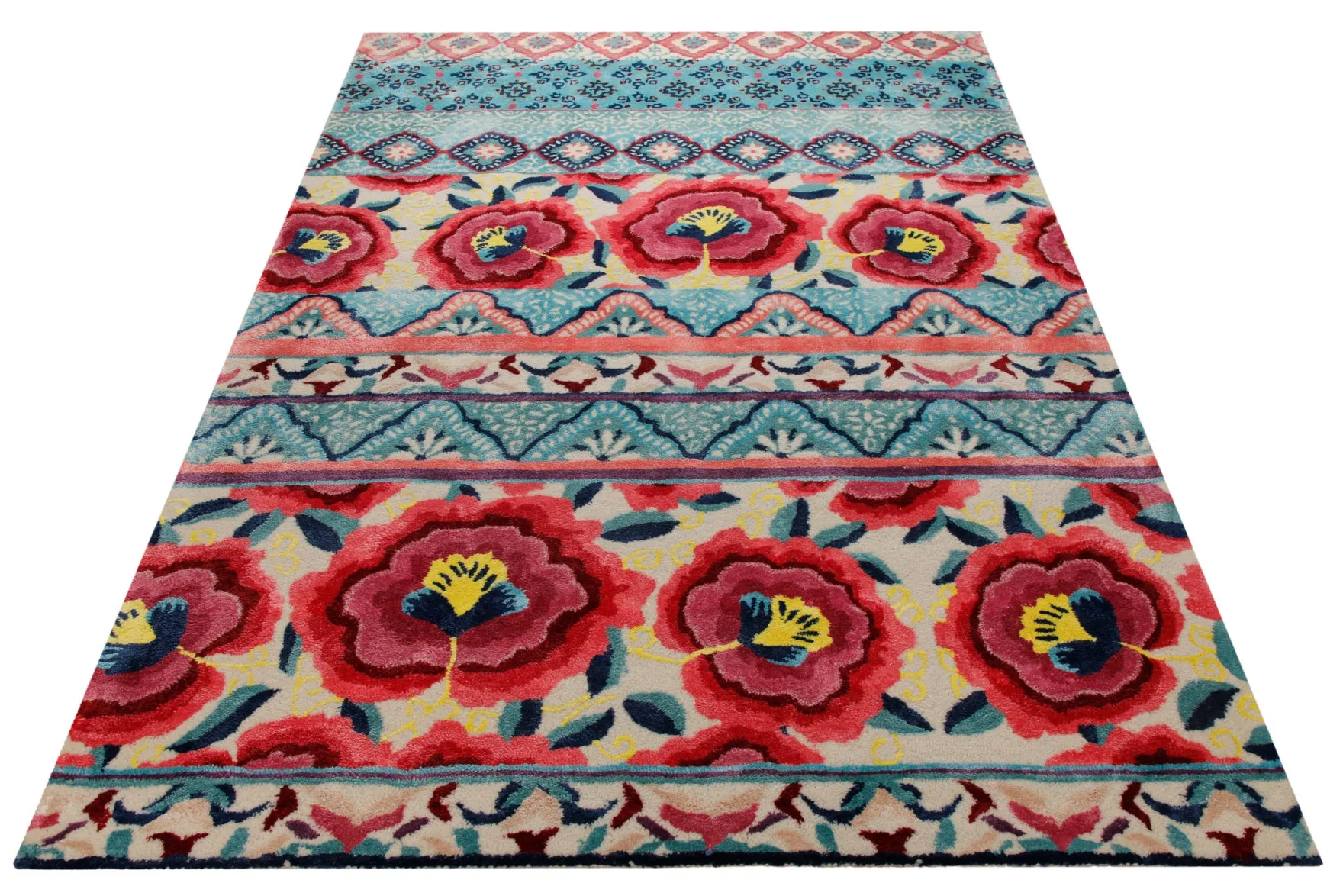 Suzani-Streifen in Türkis - Handtuft Wolle 160 x 230 cm