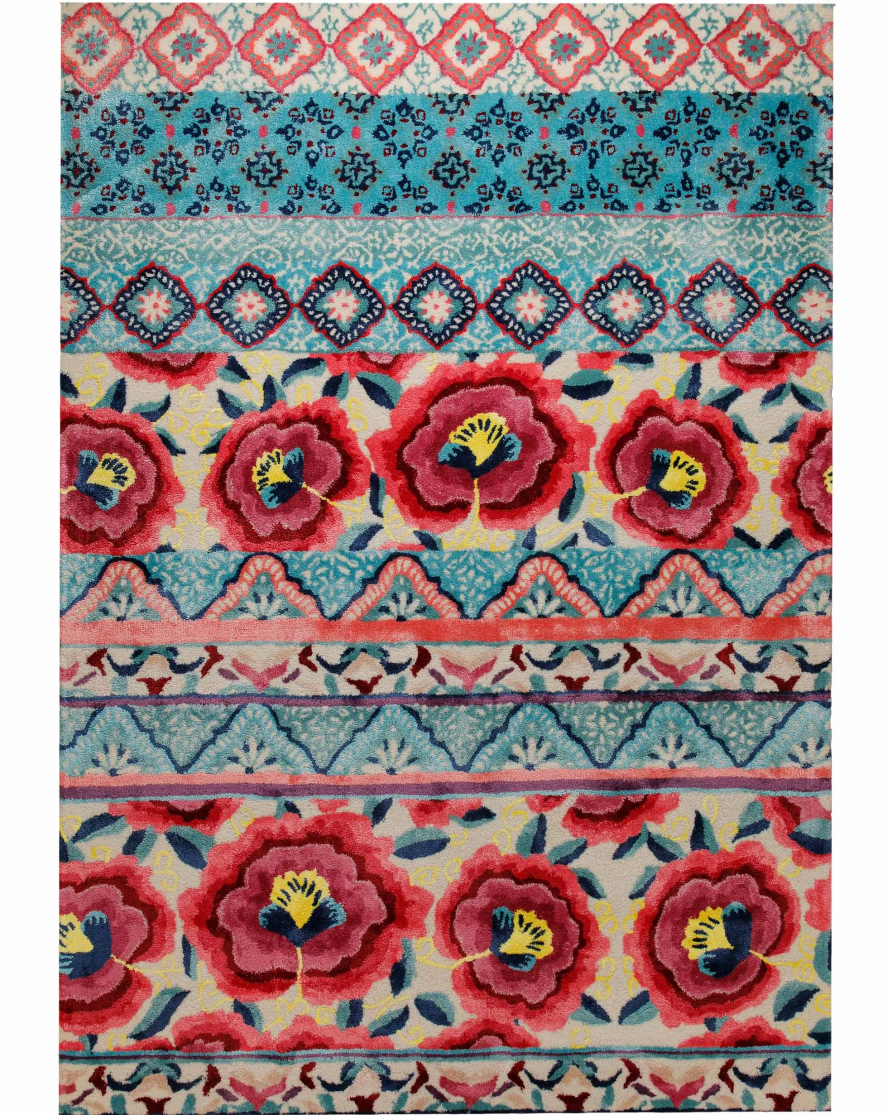 Suzani-Streifen in Türkis - Handtuft Wolle 160 x 230 cm