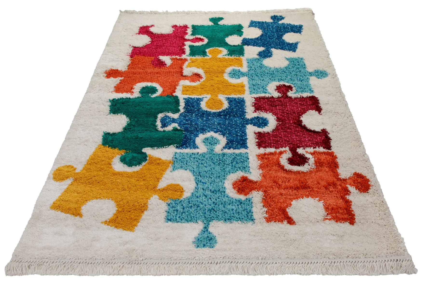 Teppich Kinderzimmer 160x230 Creme Bunt Puzzleteile