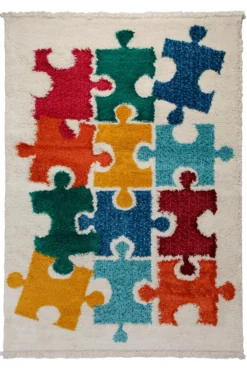 Teppich Kinderzimmer 160x230 Creme Bunt Puzzleteile