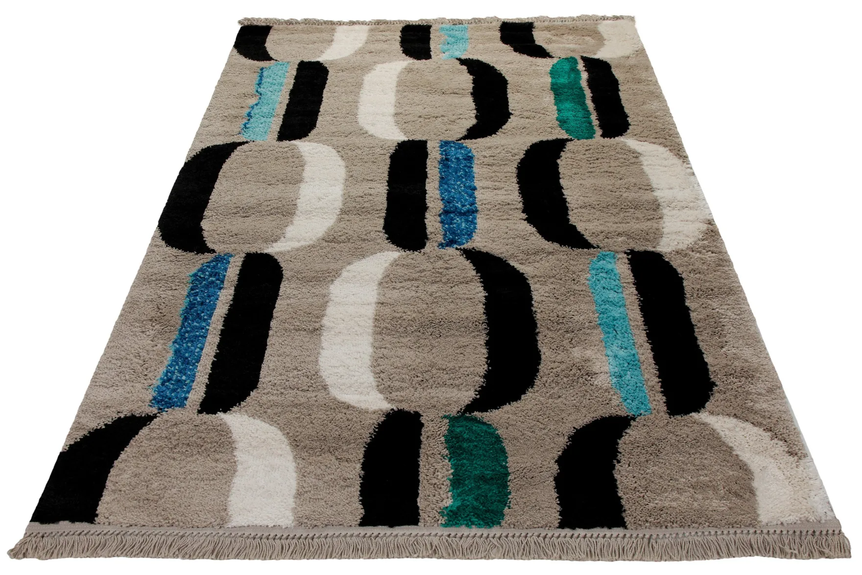 Teppich 160x230 Wohnzimmer Beige Schwarz Weiß Blau Muster
