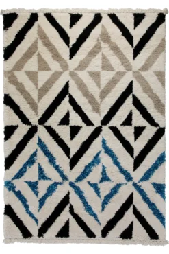 Teppich 160x230 Wohnzimmer Creme Beige Blau Schwarz Muster