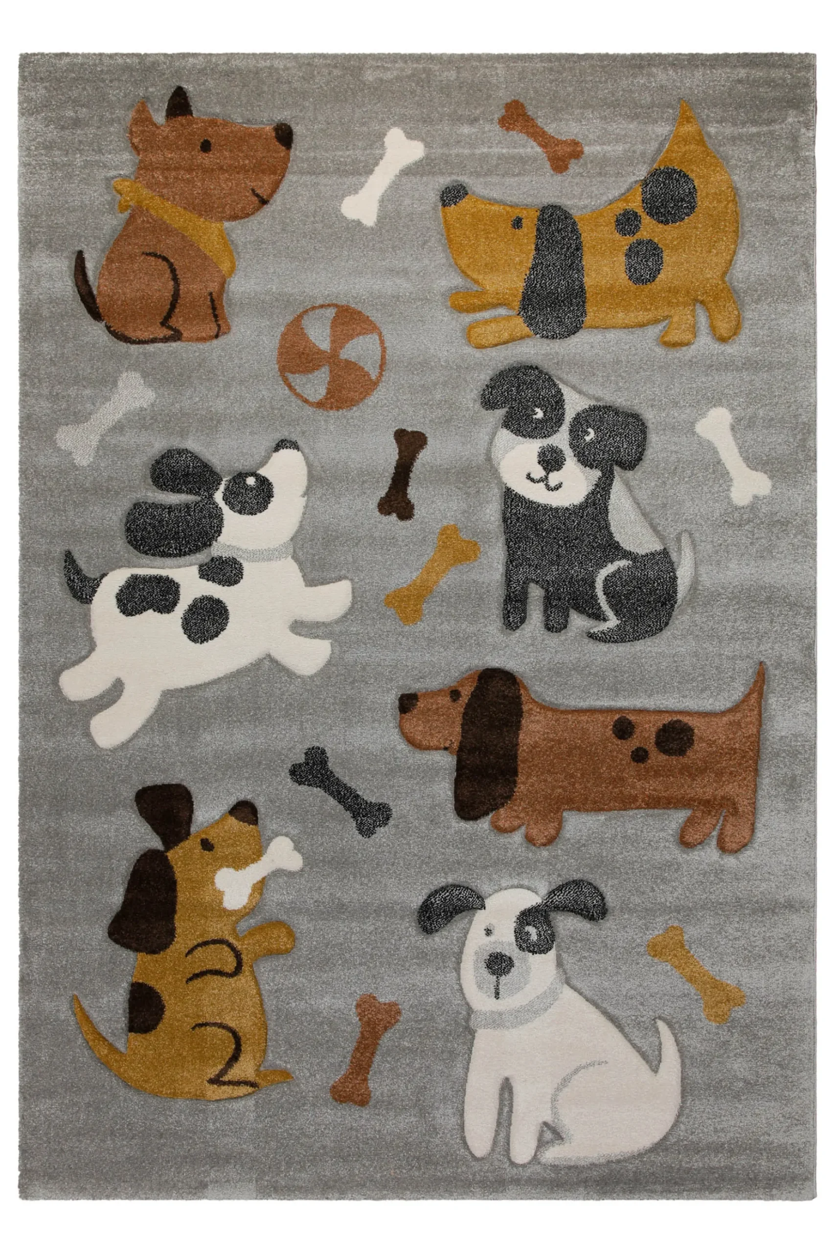 160x230 Teppich Kinderzimmer Grau Hunde Braun Weiß