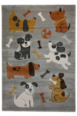 160x230 Teppich Kinderzimmer Grau Hunde Braun Weiß