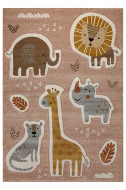 160x230 Teppich Kinderzimmer Rot Braun Tiere Blätter