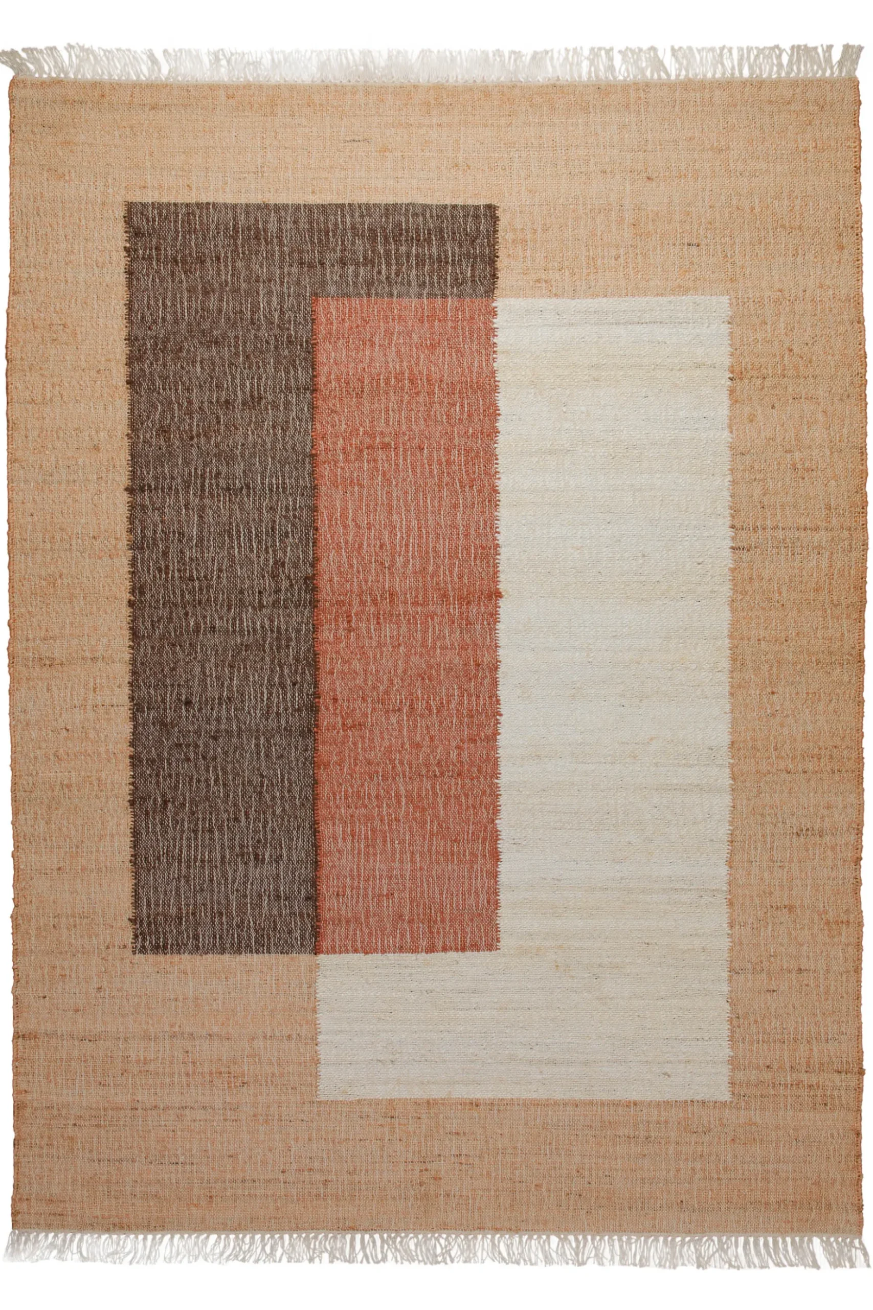 160x230 Teppich Wohnzimmer Naturjute mit Farbblock – Grafisches Statement in Erdtönen