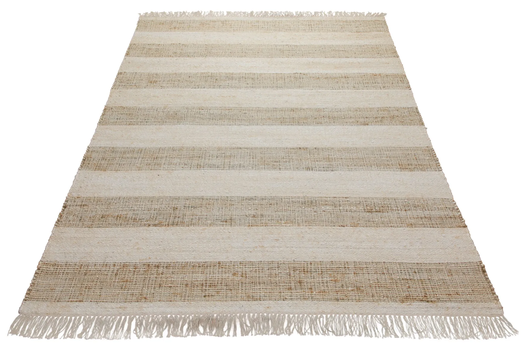 160x230 Teppich Wohnzimmer Sand und Creme – Streifenteppich aus Jute und Baumwolle