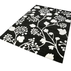 160x230 Teppich Wohnzimmer Schwarz Blumen Weiß