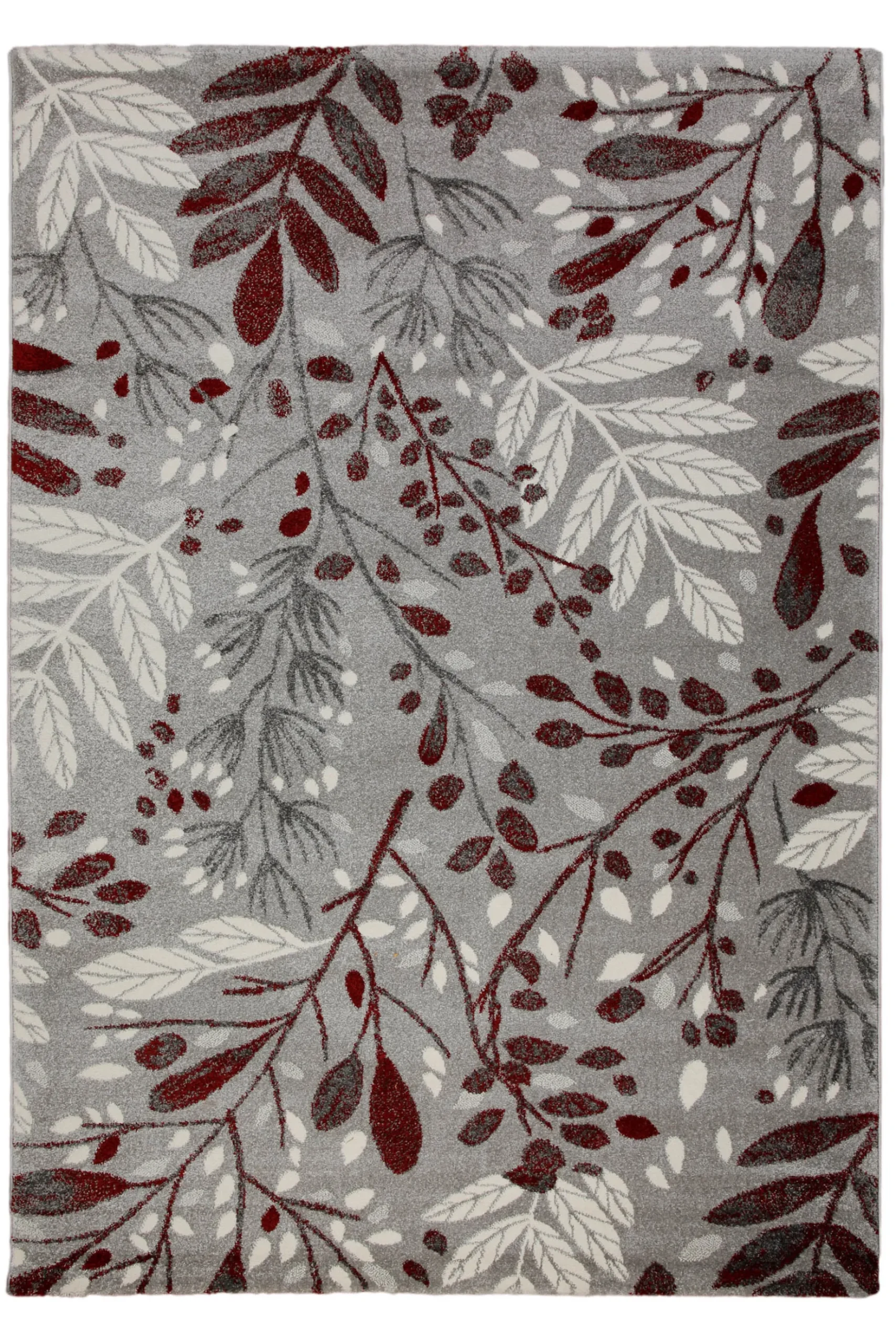 160x230 Teppich Wohnzimmer Zweige Grau Rot